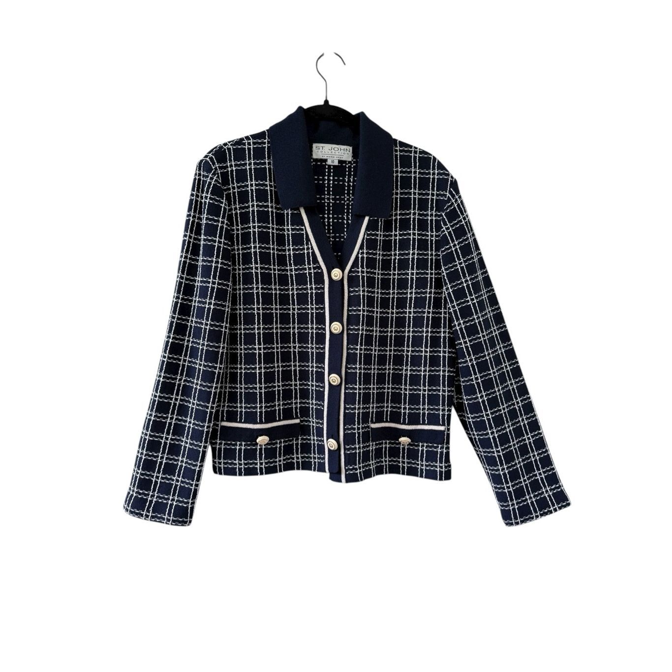 St. John Collection By Marie Gray Santana Knit Plaid Cardigan Jacket Blue